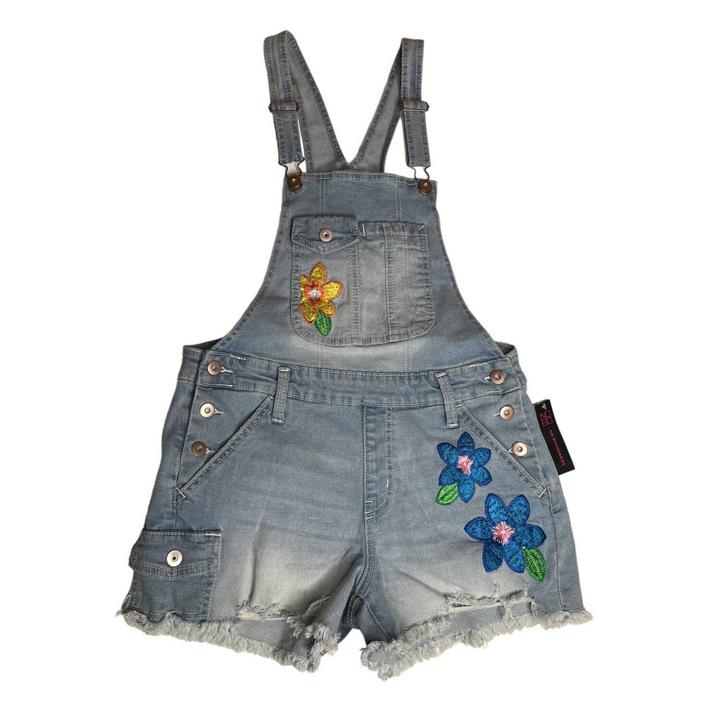 NEW No Boundaries Juniors Embroidered Flower Denim Bib Overall Shorts Size M 7/9